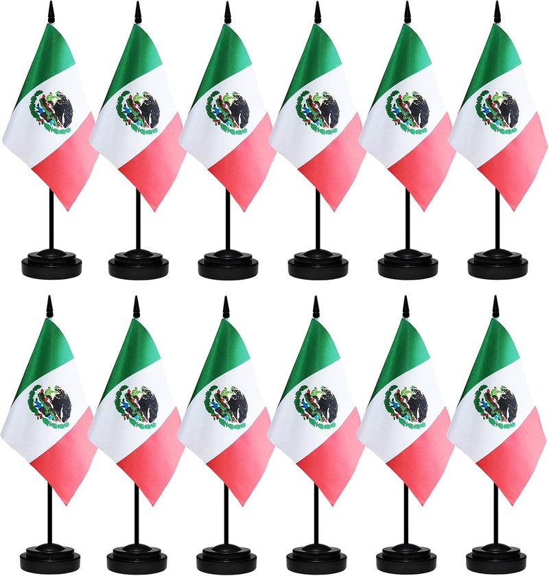 BCLin 12 Pack Mexico Desk Flags Set, Mexican Small Mini Table Office Flags with 12" Solid Black Pole, 8.2 x 5.5 Inches, Home and Office Decoration, Festival Celebrations - Image 1